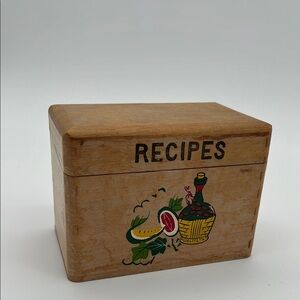 Vintage Ucagco Rustic Wooden Recipe Box Fruit, Leaf and Wine Design Handpainted